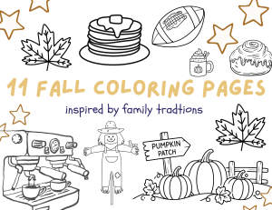 Fall Coloring Pages cover - 11 free autumn coloring pages with a pancake breakfast line drawing