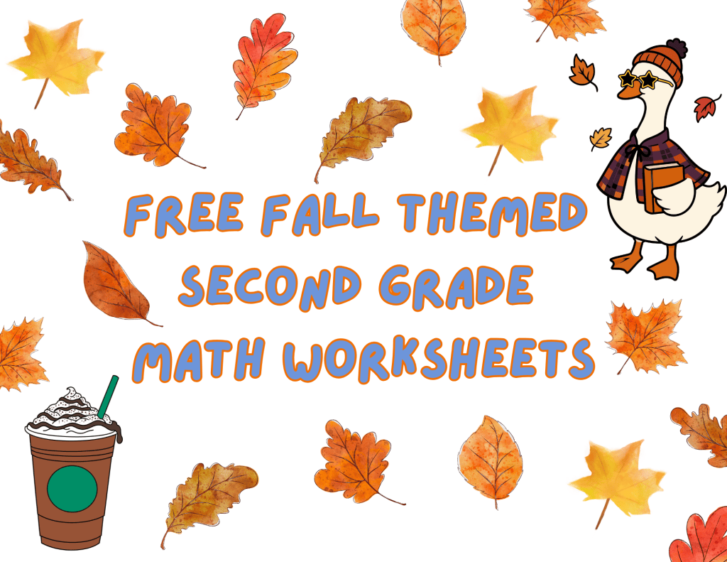 Fall Mental Math Worksheets for 2nd Grade cover with a pumpkin spice coffee cup and autumn leaves