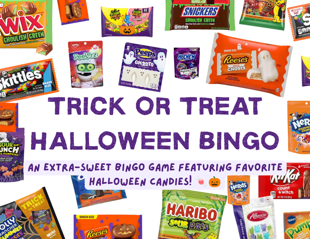Trick or Treat Halloween Bingo for Kids free printable cover with candy illustrations
