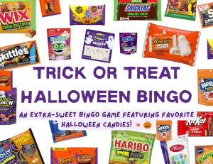 Trick or Treat Halloween Bingo for Kids free printable cover with candy illustrations