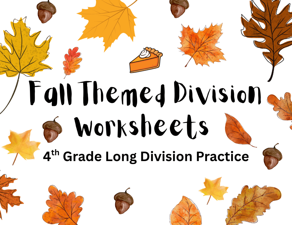4th Grade Long Division Worksheets cover - fall-themed math printable with autumn leaves