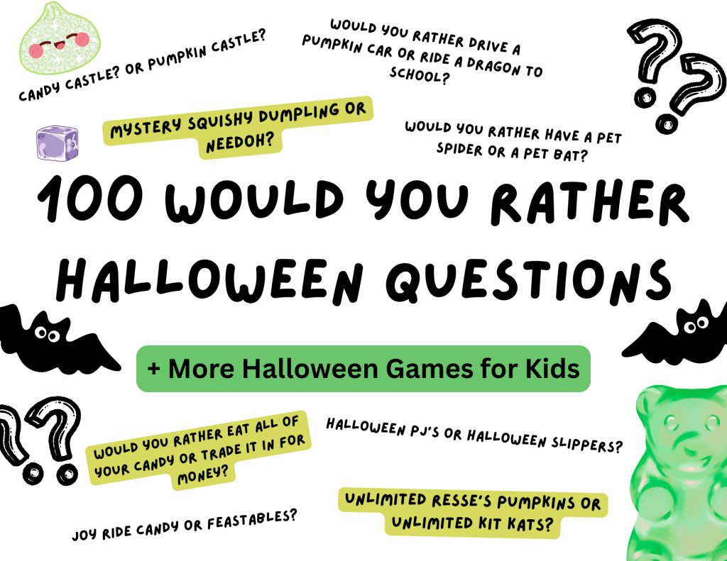 100 Halloween Would You Rather Questions for Kids printable cover with Halloween icons