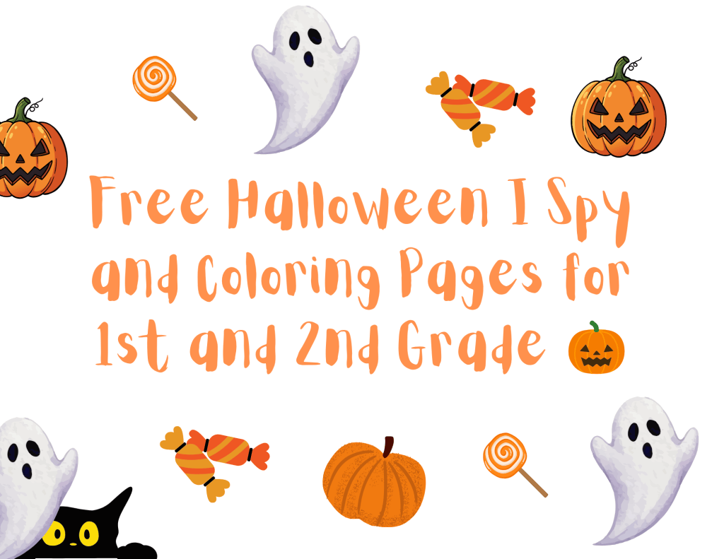 Free Halloween I Spy and Coloring Pages for 1st and 2nd Grade cover with ghost and pumpkin illustrations