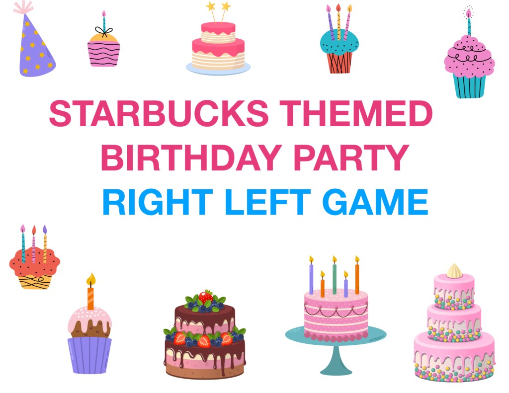 The Great Starbucks Birthday Mystery Right Left Game cover with birthday cake and coffee cup illustrations