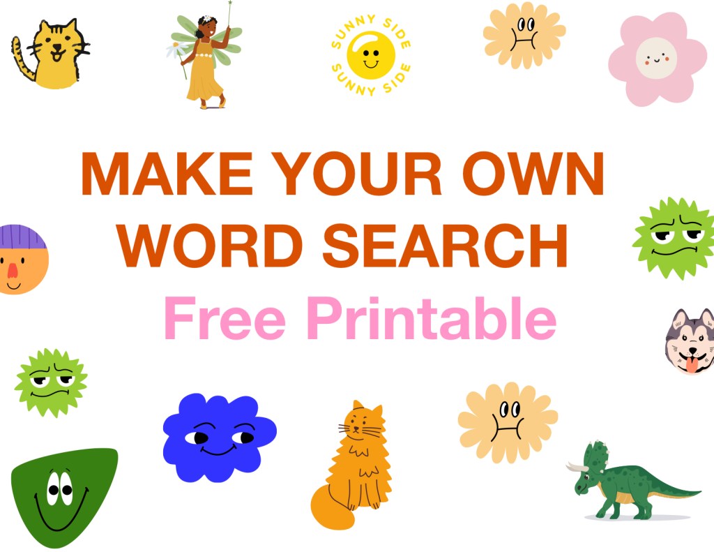 Make Your Own Word Search Printable for Kids cover with playful monster and alien illustrations
