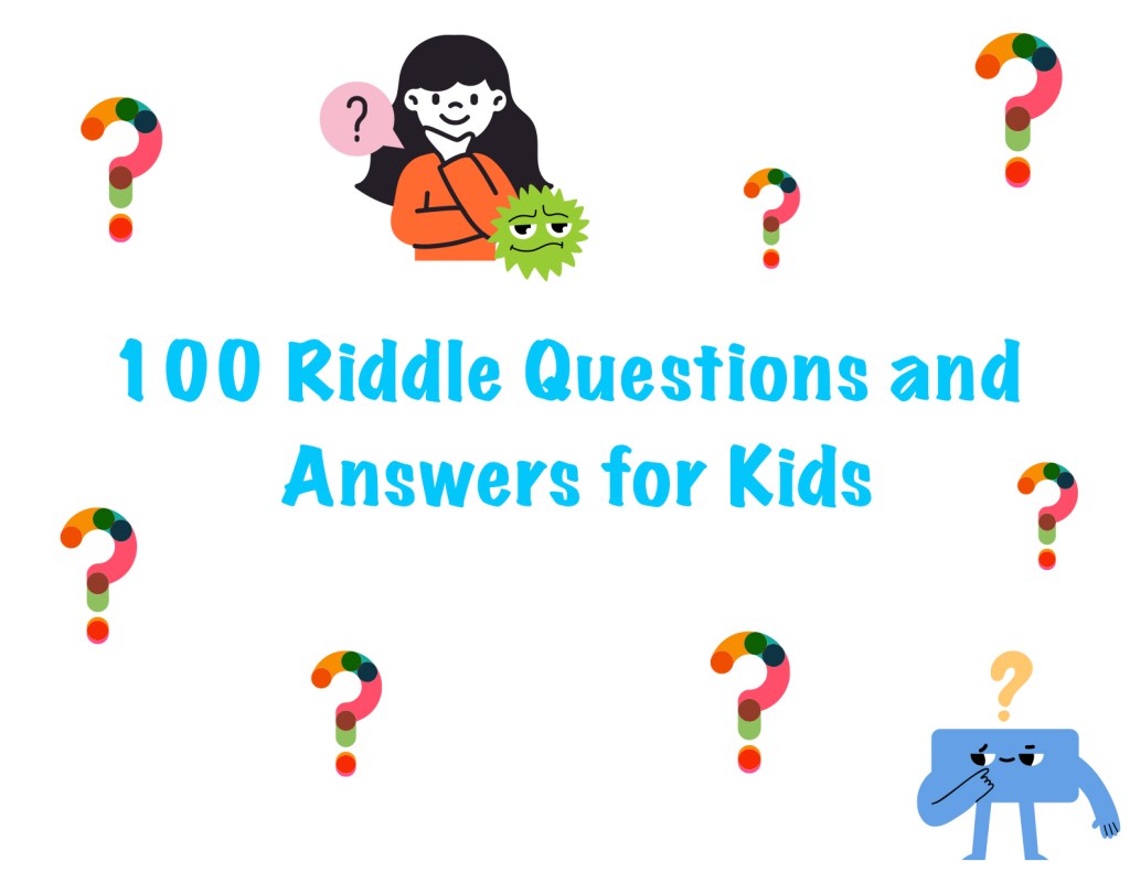 100 Fun Riddles for Kids Ages 8-10 cover with a question mark and thinking-kid illustration