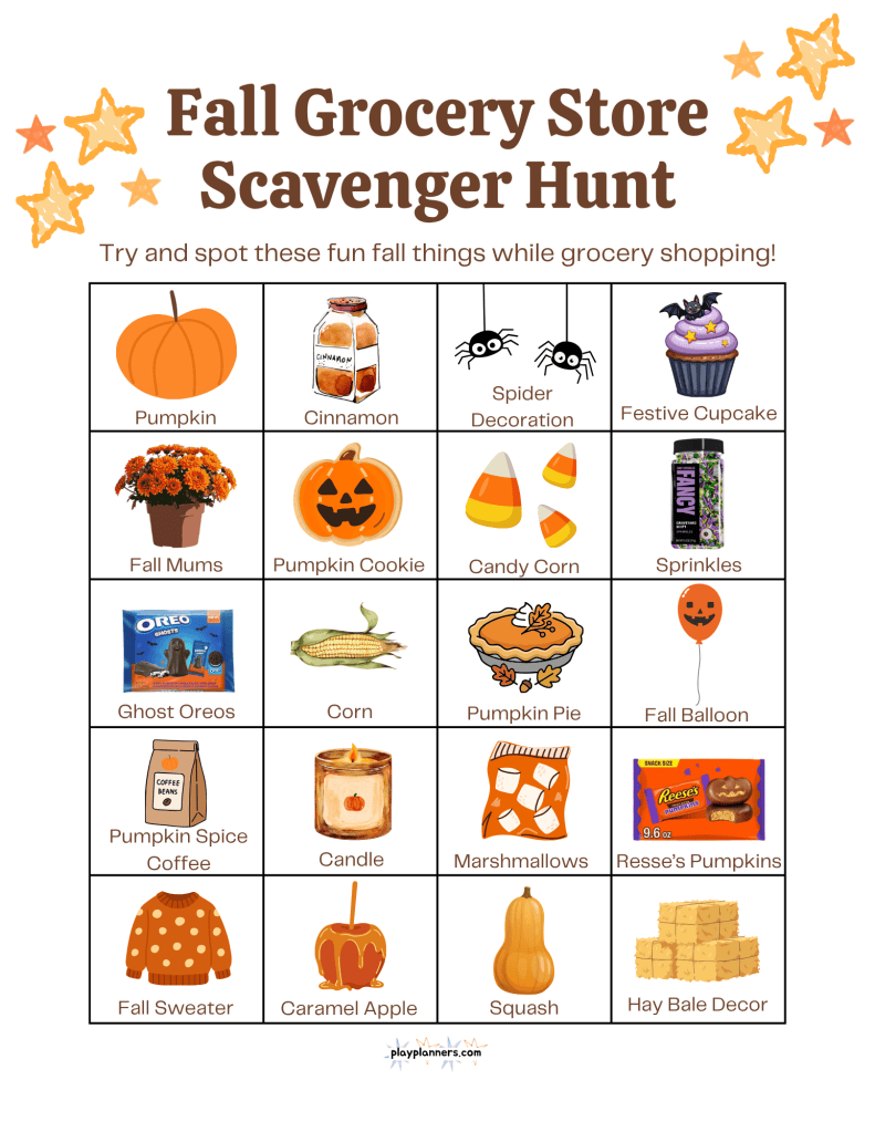 Fall grocery store scavenger hunt printable with photos of pumpkins, squash, cinnamon and other autumn groceries to spot while shopping
