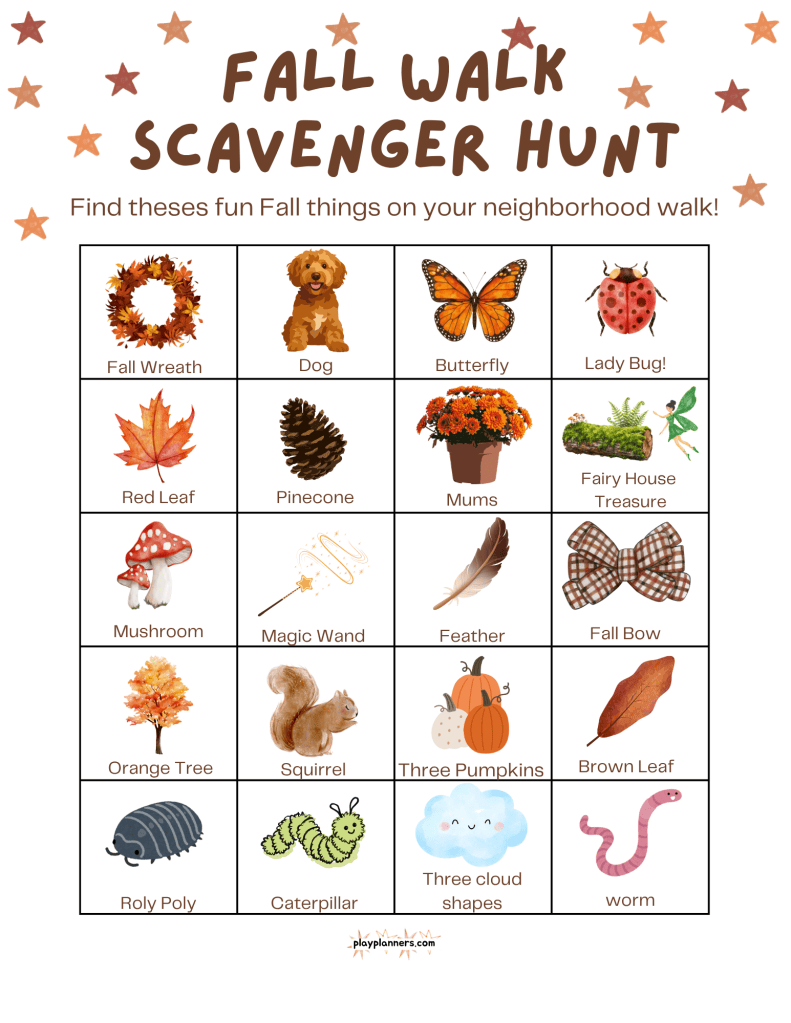 Fall walk scavenger hunt printable with photos of acorns, red leaves, pinecones, butterflies and other autumn finds to spot on a neighborhood walk