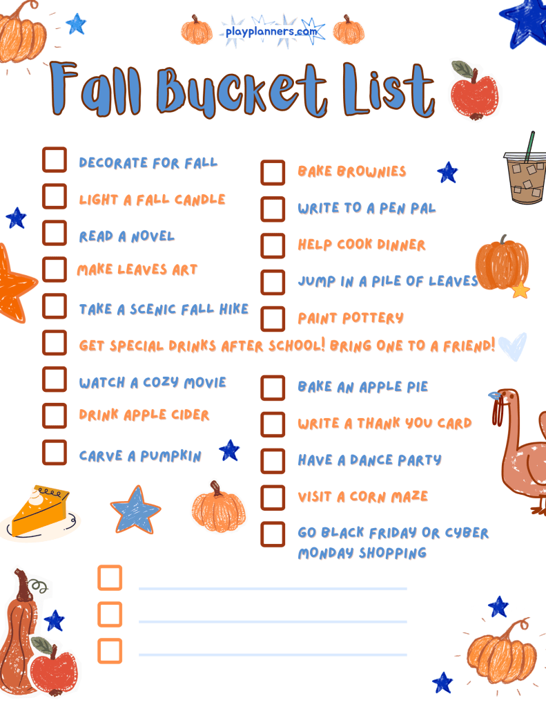 Free Fall Bucket List for Kids preview - autumn activity checklist