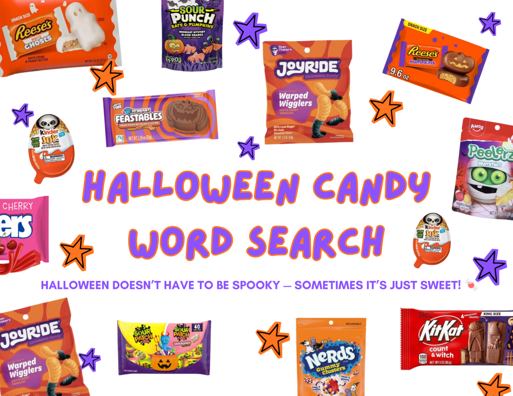 Free Halloween Candy Word Search Printable for Kids cover with candy illustrations