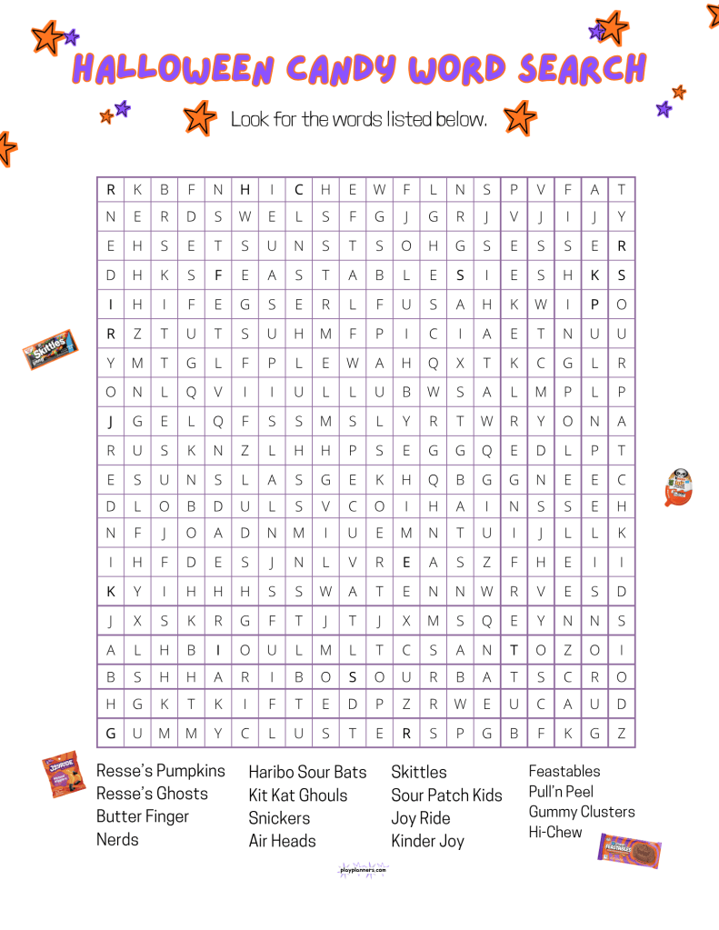 Free Halloween Candy Word Search Printable for Kids preview puzzle page