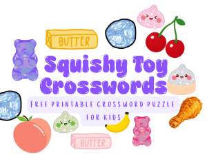 Squishy Toy Crossword Puzzle free printable cover with fruit-themed squishy toy illustrations