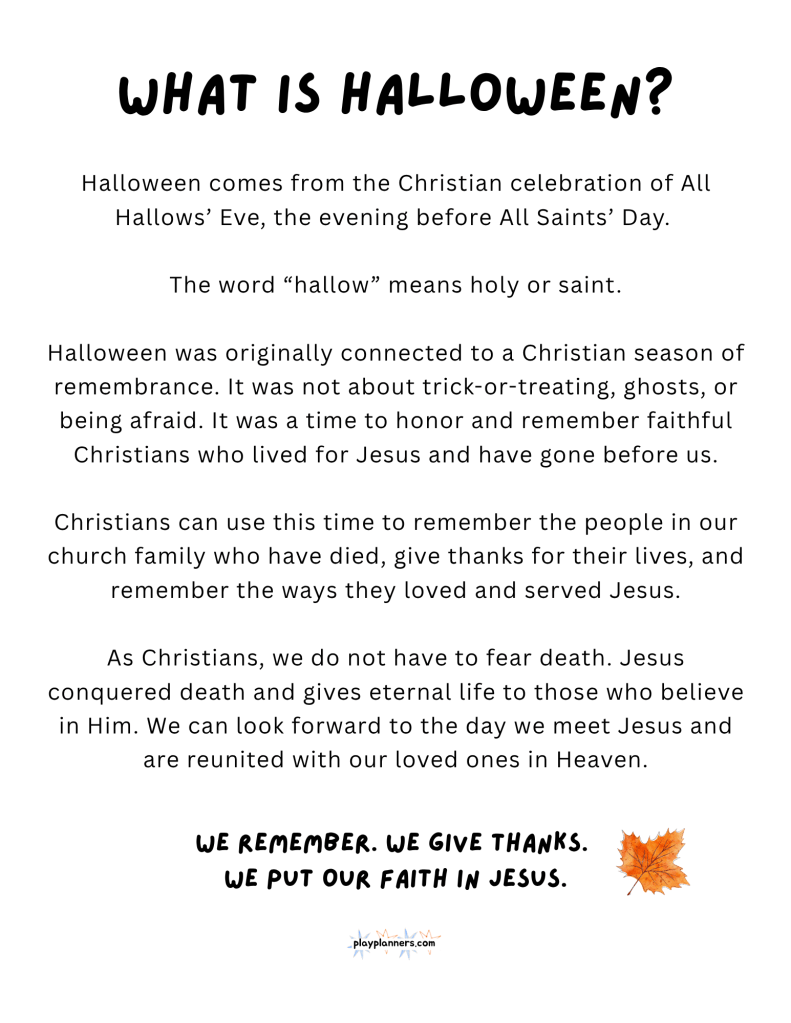 What is Halloween? printable page explaining the Christian origins of All Hallows' Eve for kids