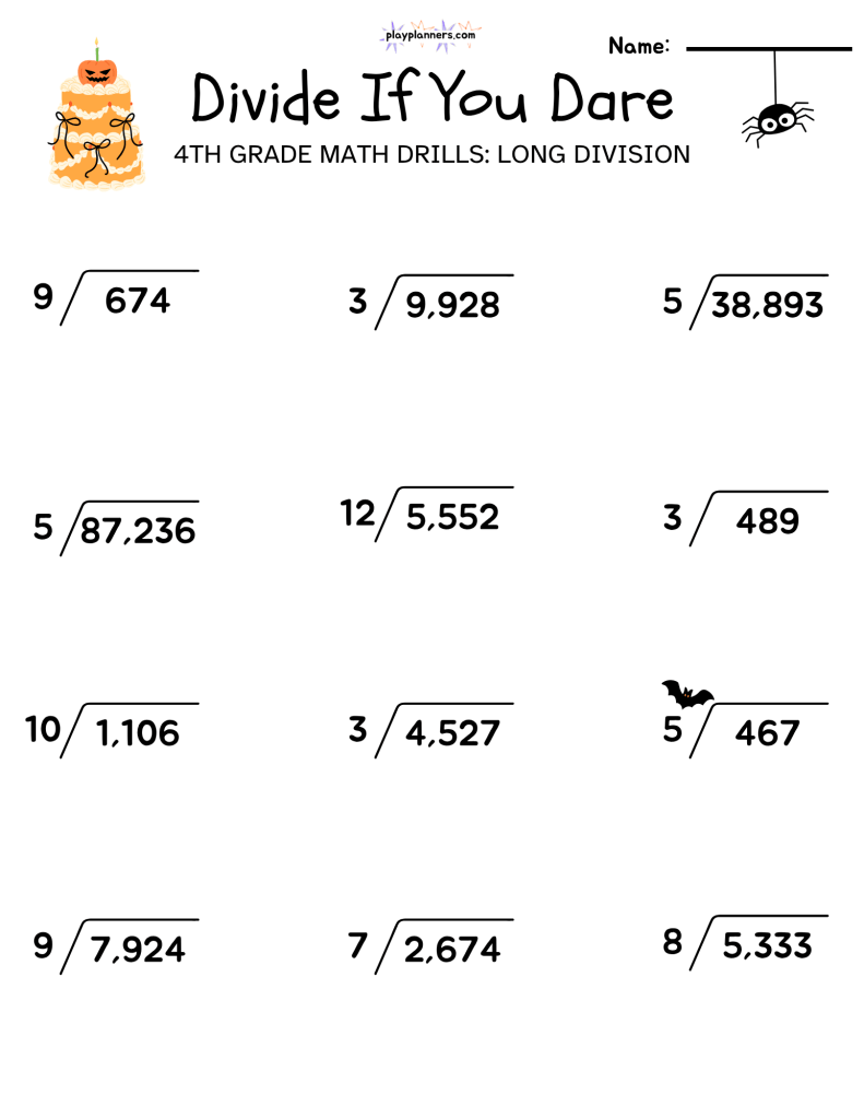 long division worksheets for 4th grade halloween themed