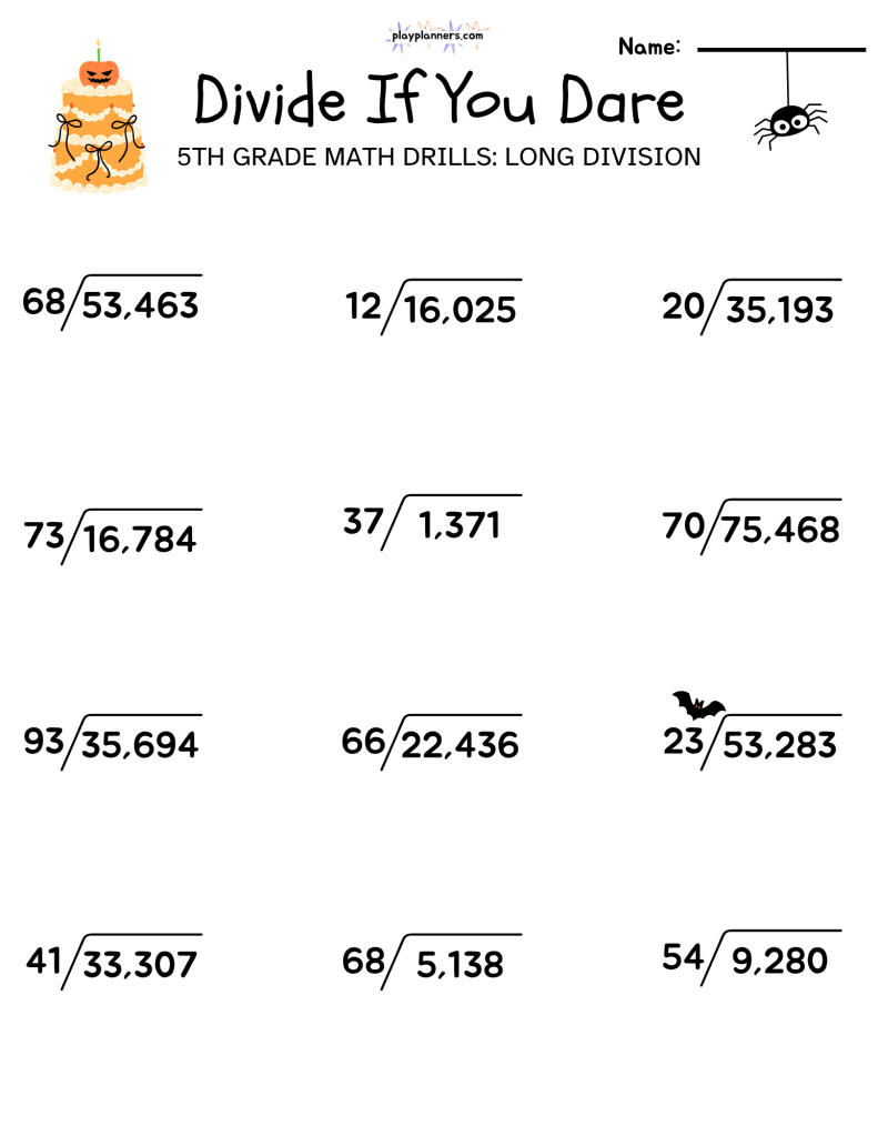 5th grade halloween themed long division worksheet