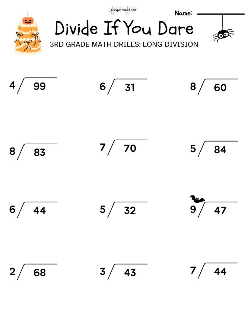 3rd grade long division halloween themed worksheet