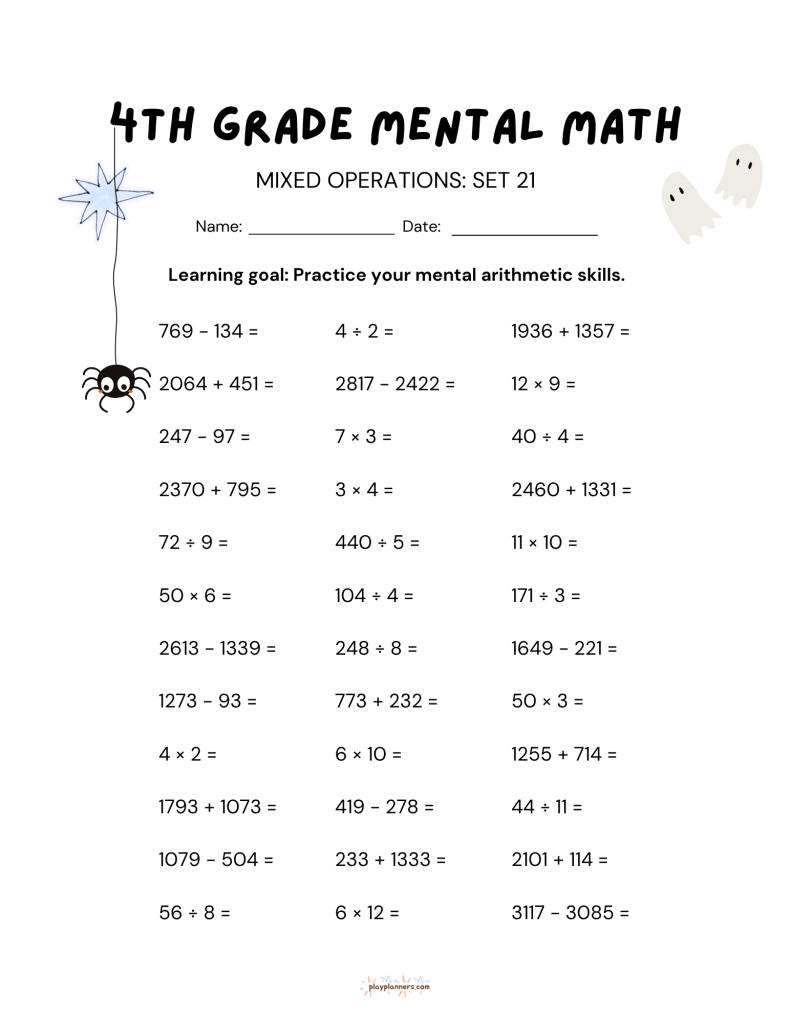 3rd grade halloween themed mental math worksheet
