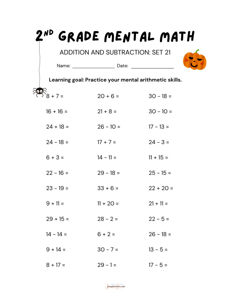 second grade addition and subtraction halloween themed worksheet