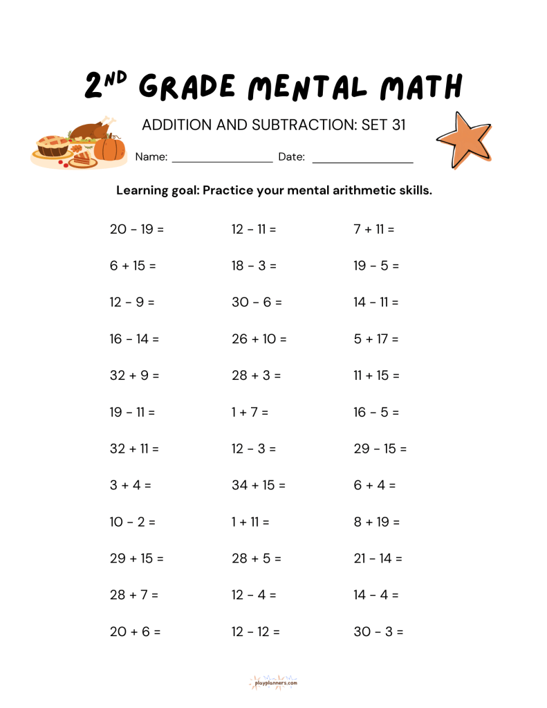 Thanksgiving themed second grade addition and subtraction worksheet