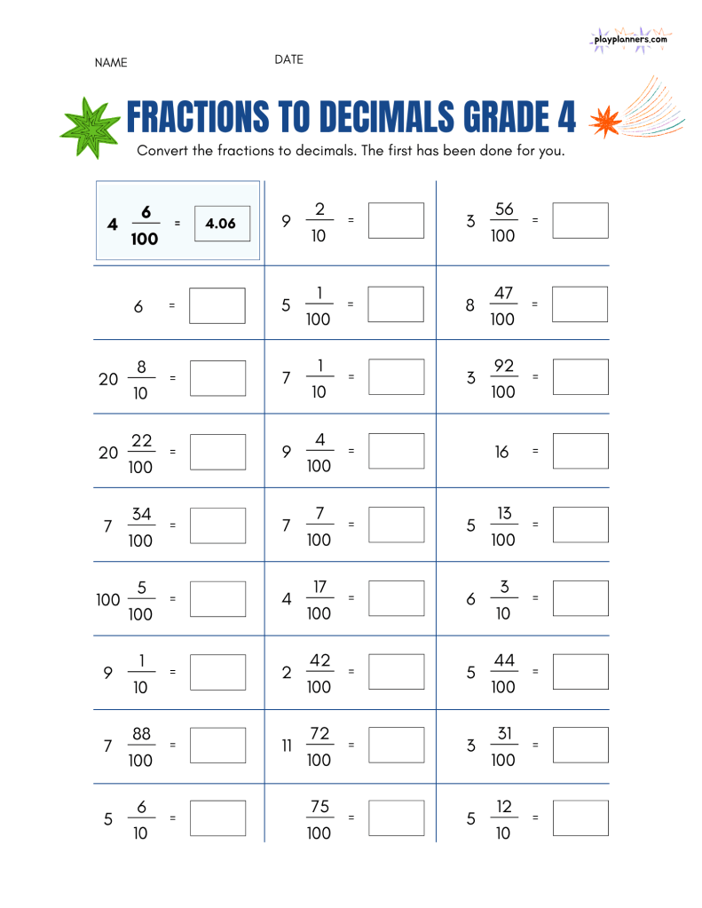 fraction to decimal practice worksheet for 4th grade