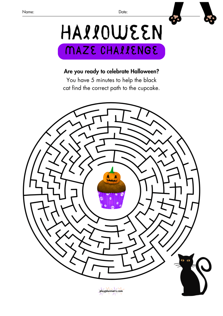 Halloween maze challenge printable: help the black cat find the path to the cupcake