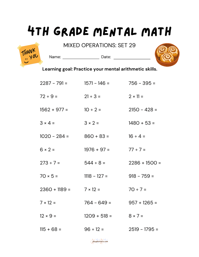 thanksgiving 4th grade mental math worksheet