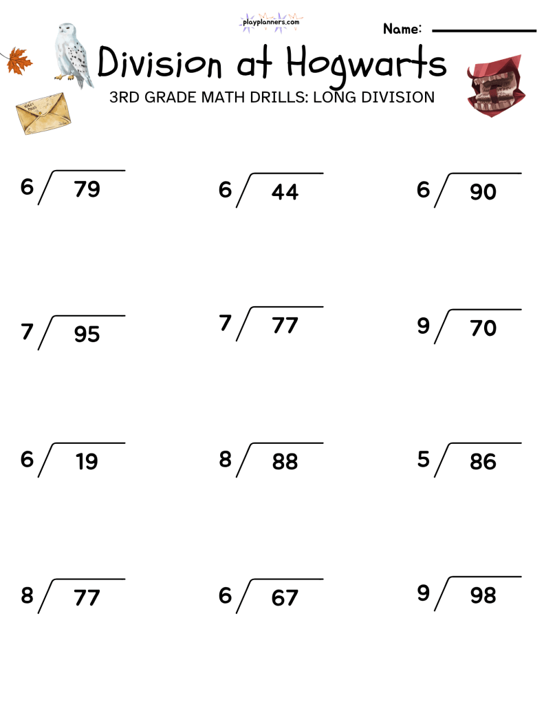 3rd Grade long division worksheet with a harry potter theme