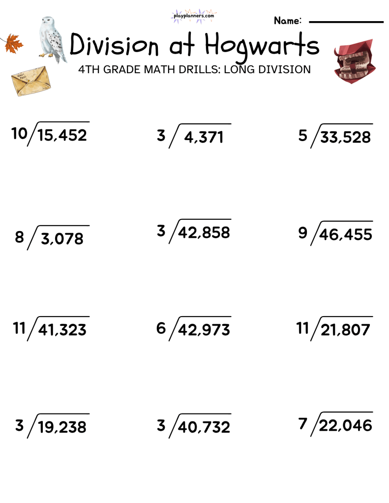 4th grade long division worksheet harry potter themed free printable