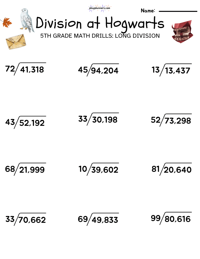 5th grade long division math worksheet harry potter themed free printable