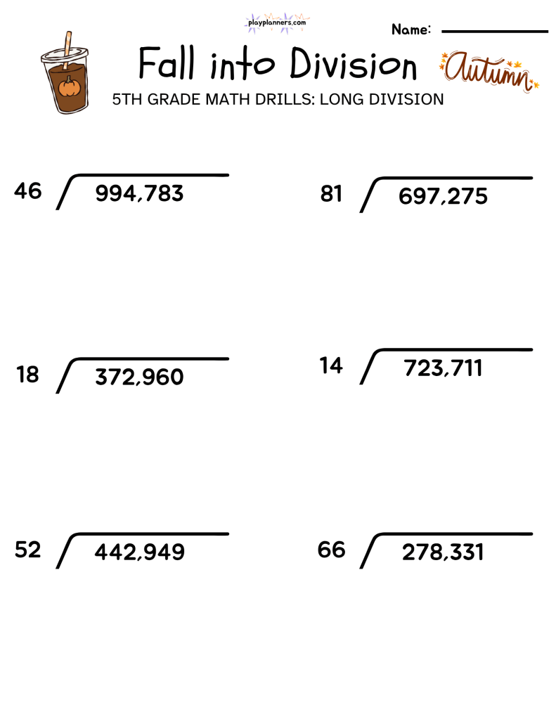 5th grade long division worksheet fall themed free printable