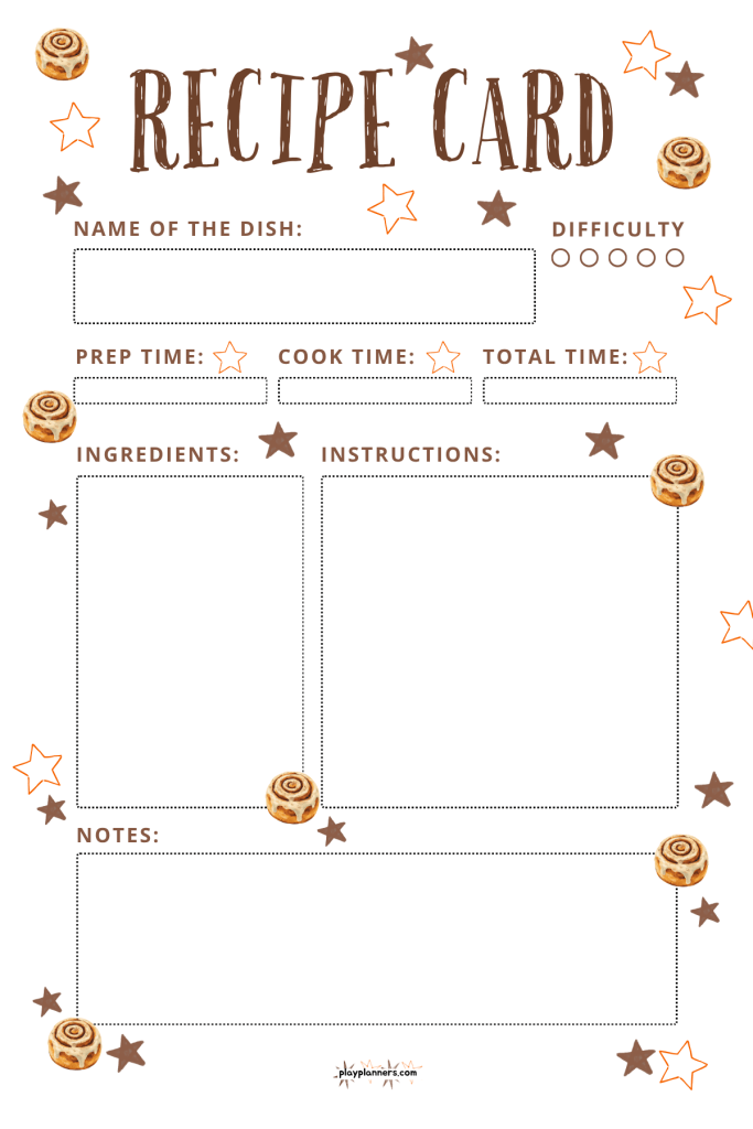 Printable fall recipe card with brown stars and cinnamon rolls