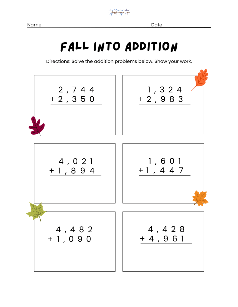 3rd grade four-digit addition worksheet