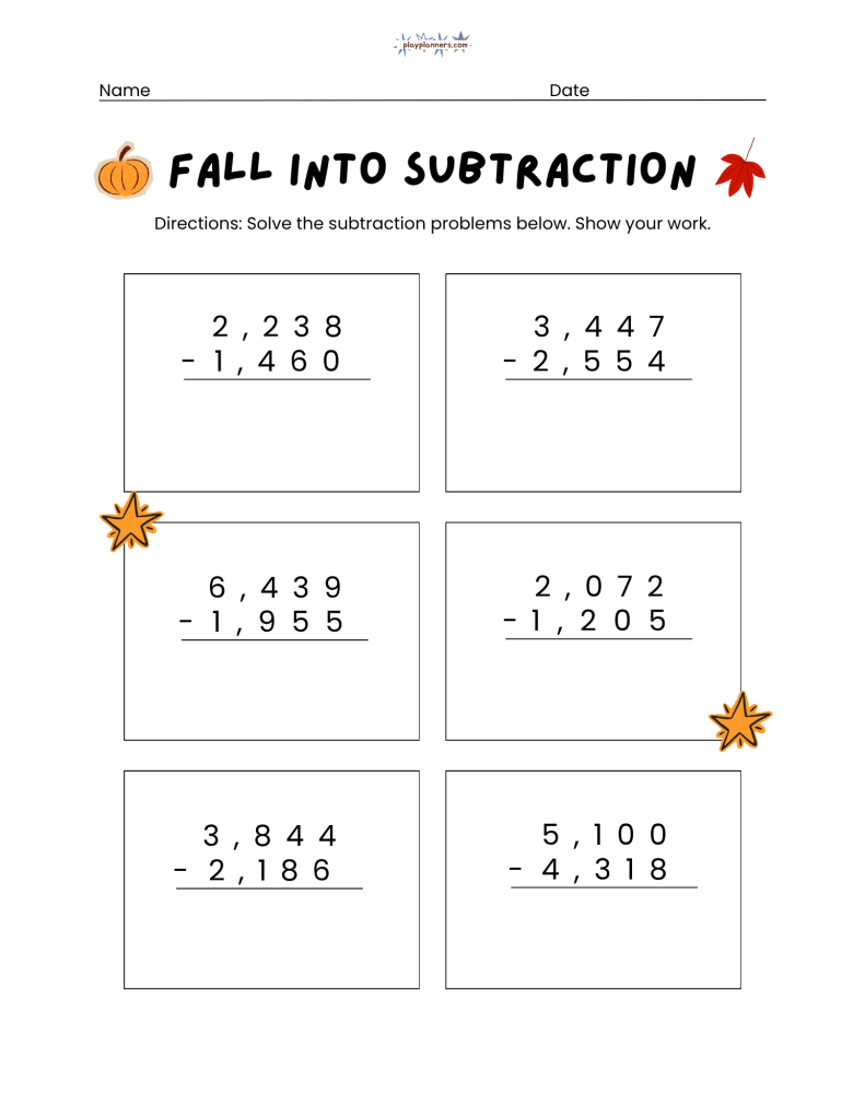 4th grade subtraction worksheets fall themed free printable