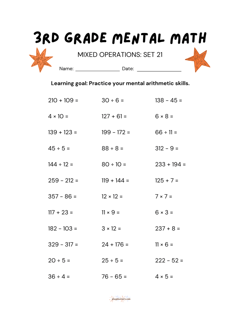 3rd grade mental math worksheet with addition subtraction multiplication and division