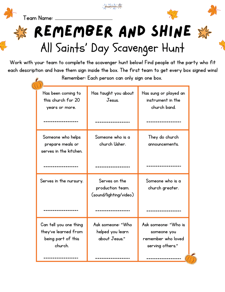 All Saints' Day Scavenger hunt Christian holiday church game