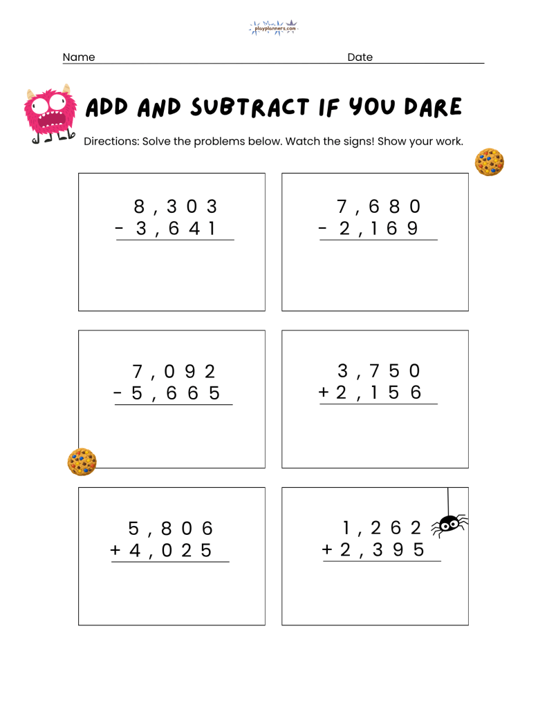 Addition and Subtraction practice for 3rd grade free halloween printable