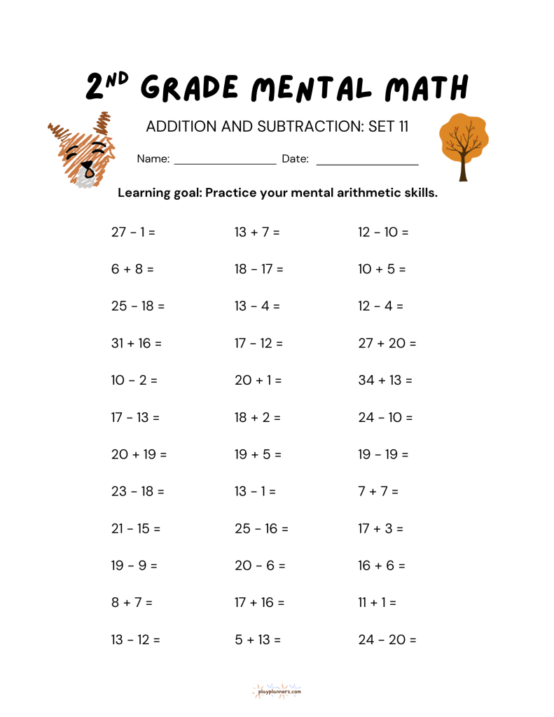 2nd grade mental math worksheet with addition and subtraction