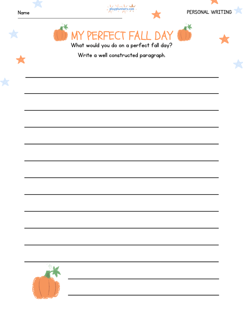Fall writing worksheet with the prompt โMy Perfect Fall Dayโ and space for students to write a paragraph.