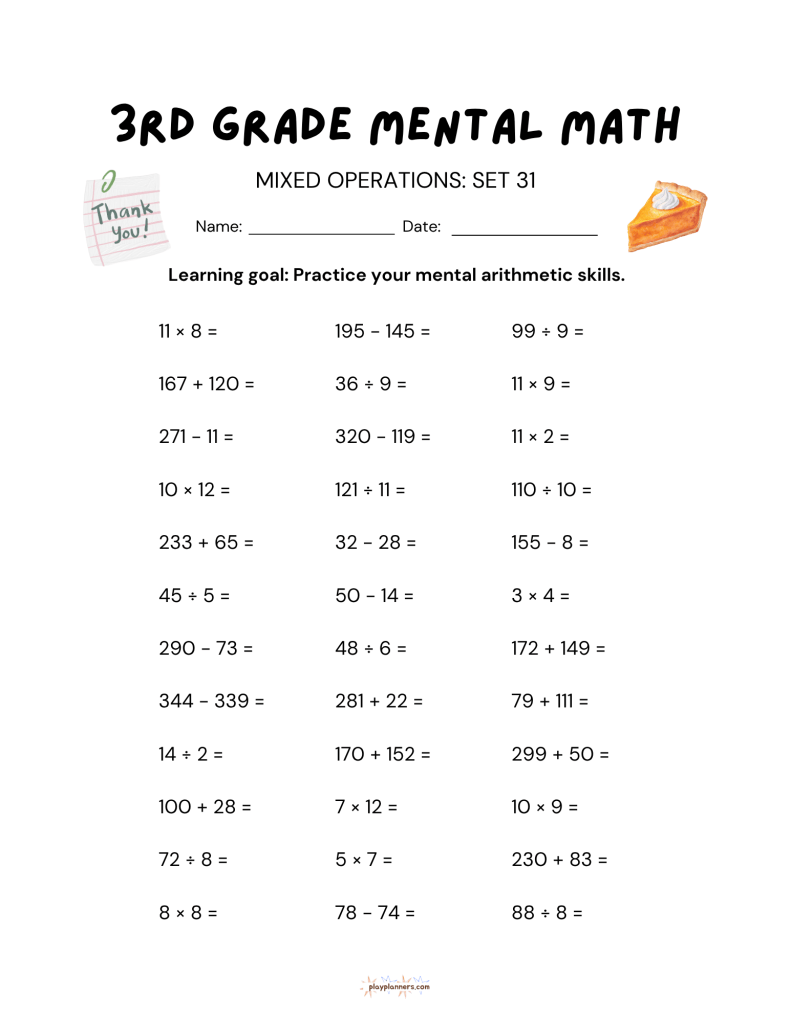 3rd grade mental math worksheet thanksgiving fall themed
