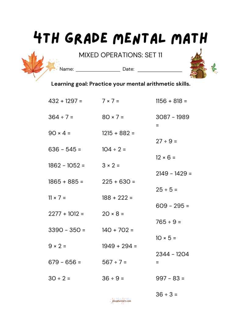 4th grade mental math worksheet, mixed operations set 11, with fall themed illustrations