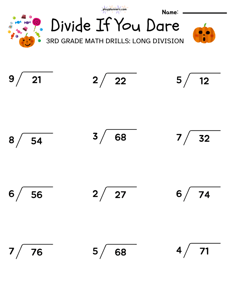 3rd grade long division halloween themed worksheet