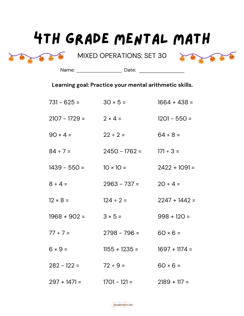 3rd grade halloween themed mental math worksheet