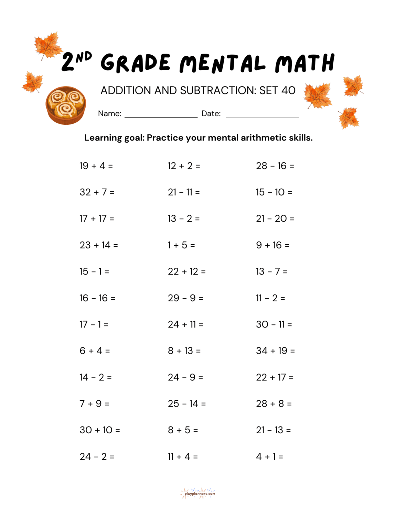 Thanksgiving themed second grade addition and subtraction worksheet