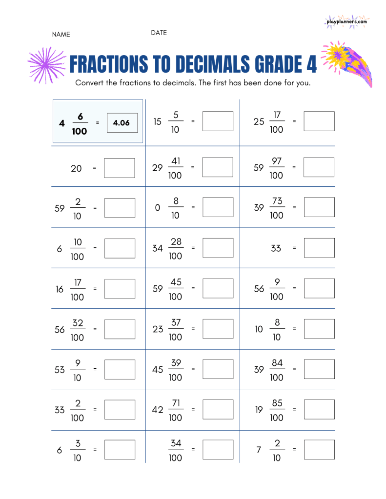 fraction to decimal practice worksheet for 4th grade