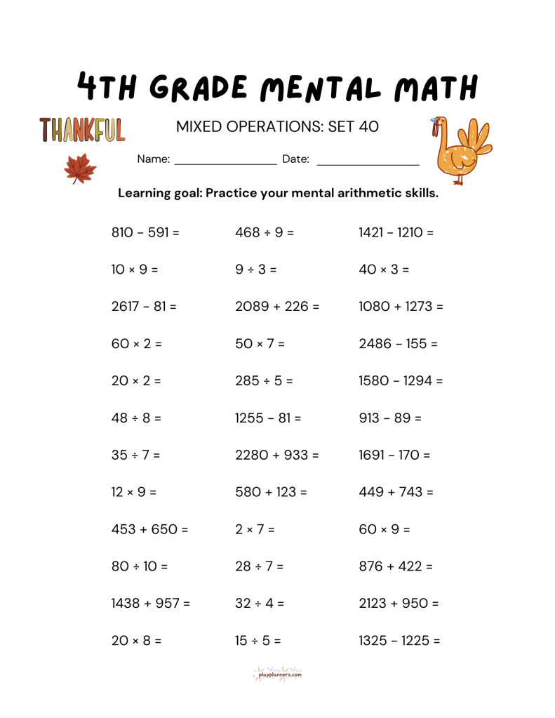 thanksgiving 4th grade mental math worksheet