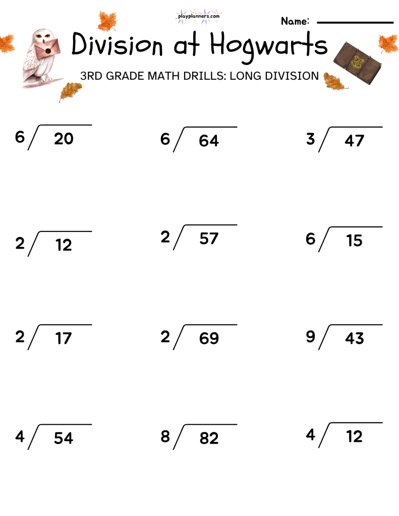 3rd Grade long division worksheet with a harry potter theme