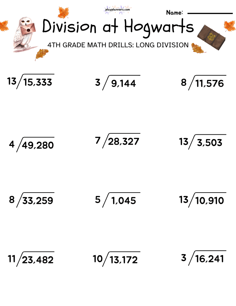 4th grade long division worksheet harry potter themed free printable