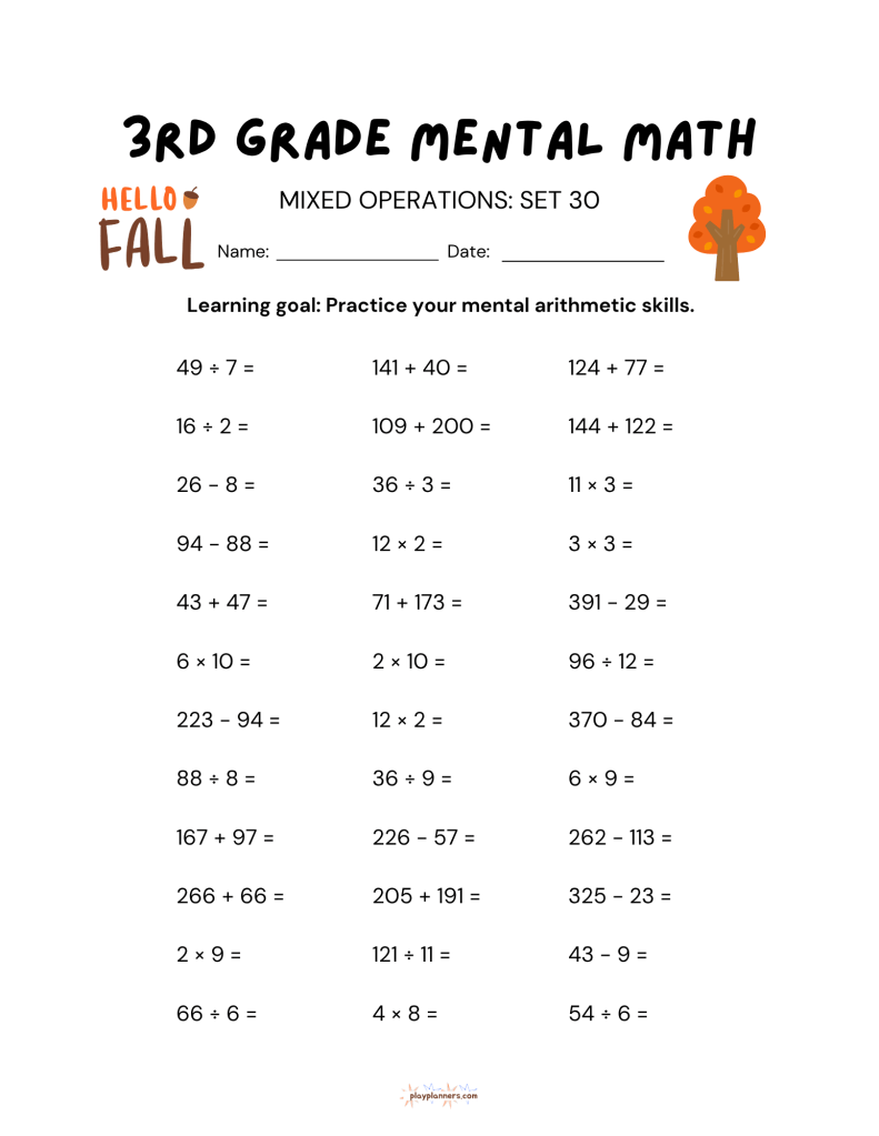 3rd grade mental math worksheet with addition subtraction multiplication and division