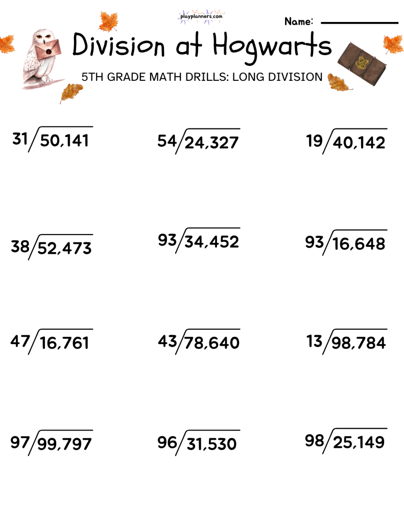 5th grade long division math worksheet harry potter themed free printable