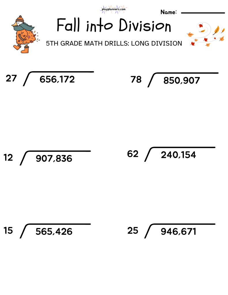 5th grade long division worksheet fall themed free printable
